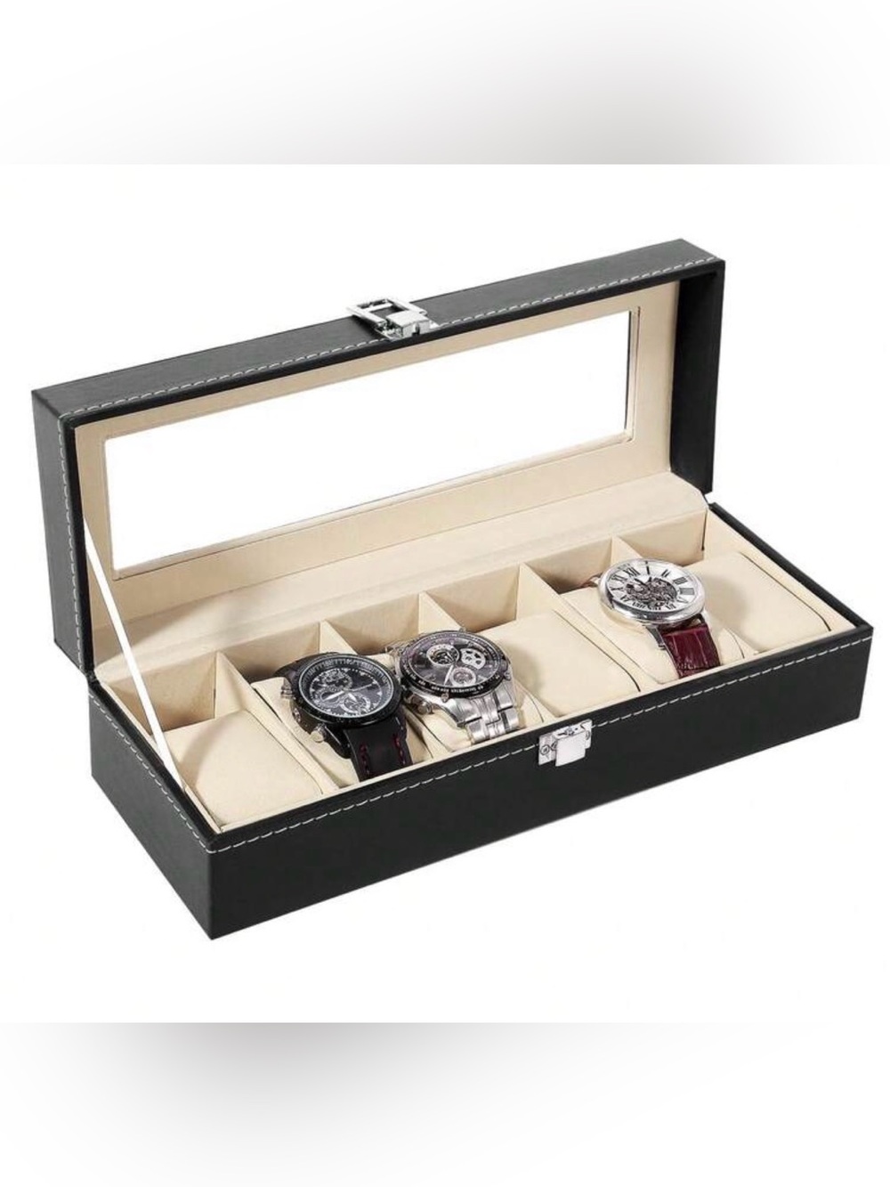 Men's Black Watch Display Case - 6-Slot Leather Organizer